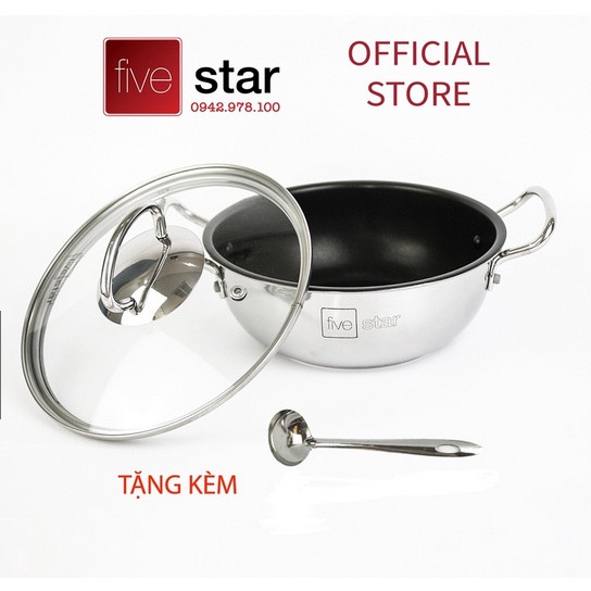 Nồi inox kho cá thịt chống dính bếp từ Fivestar ( 18cm / 20cm / 22cm ) nắp kính , 3 đáy , inox 430 , tặng 1 vá canh