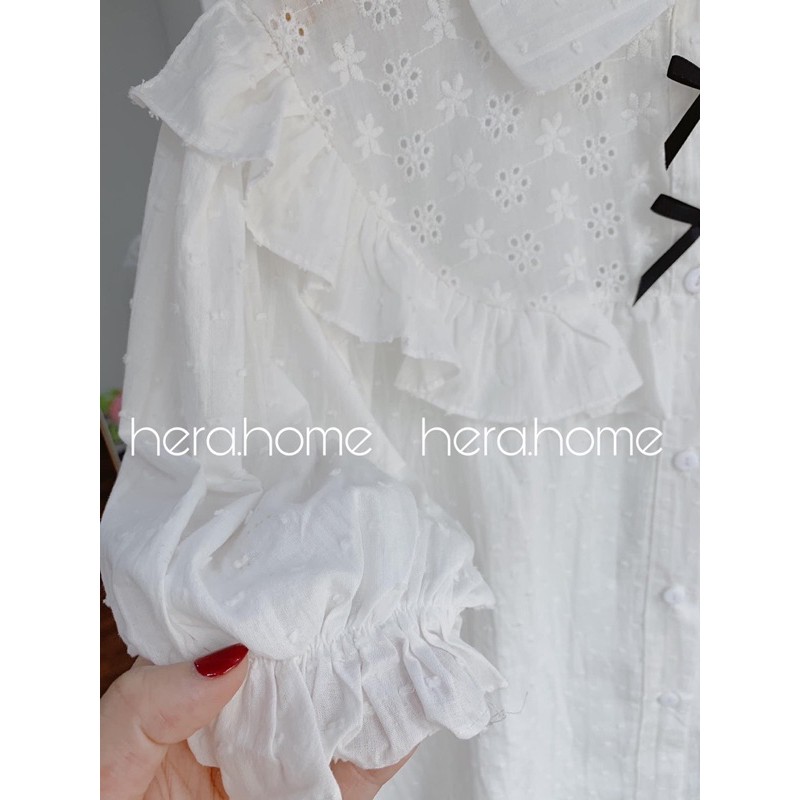 Sơmi babydoll cổ nơ nhỏ kèm hình thật
