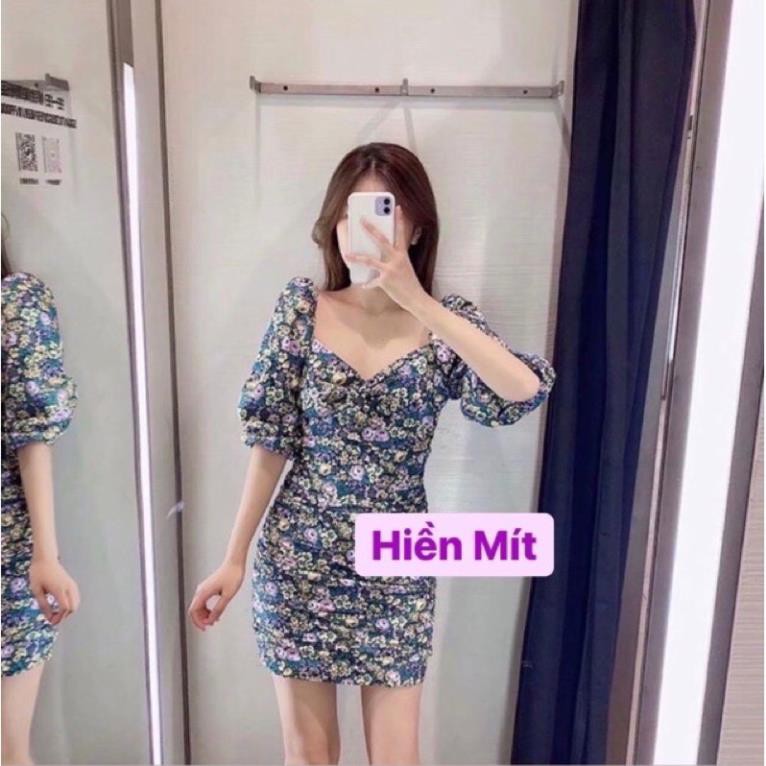 Bill Đức-Đầm váy Bershka auth new tag hoa vải cotton body ngắn tay phồng cổ trái tim form ôm  ྇ ྇