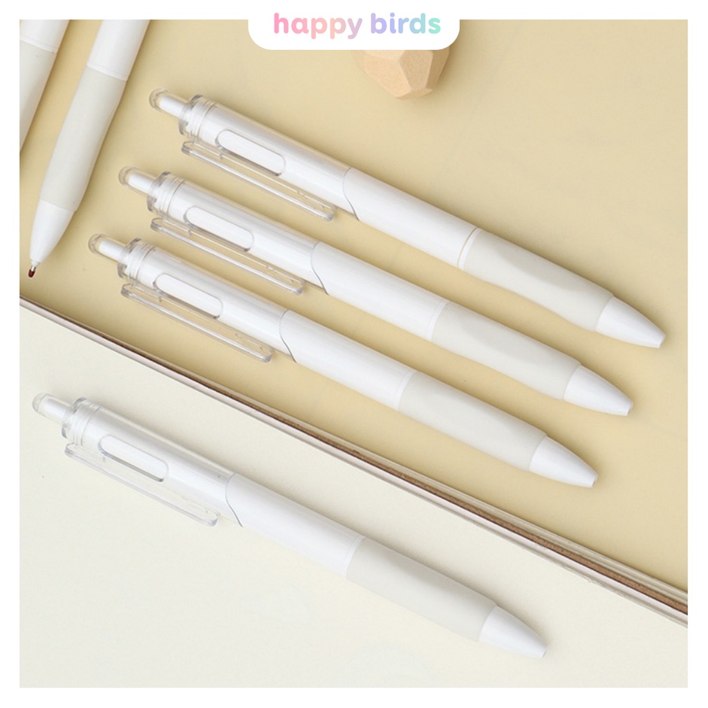 Bút bi bấm gel mực đen ngòi 0.5mm vỏ trắng có mắc cài tiện lợi Happy Birds