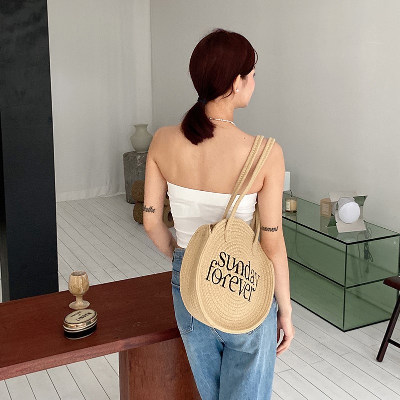 Túi cói tròn thêu chữ xinh xắn phong cách retro cao cấp sang chảnh độc lạ
