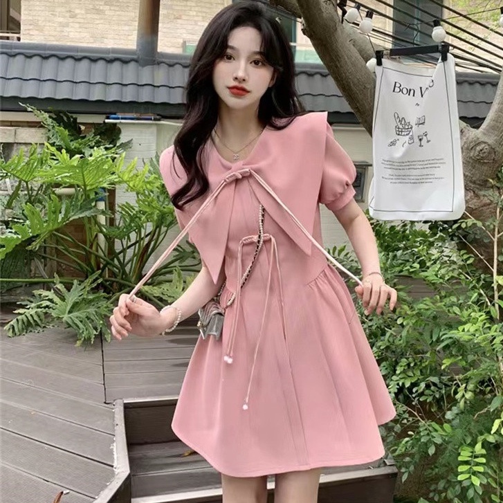 Đầm Phối Nút Thắt Nơ Màu Tương Phản Phong Cách Pháp Thời Trang Mùa Hè Dành Cho Nữ Plus Size