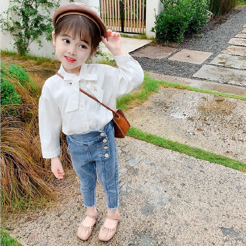 Quần legging dài eo cao vải jean màu trơn phối nút thời trang mùa thu Hàn Quốc 2020 cho bé gái