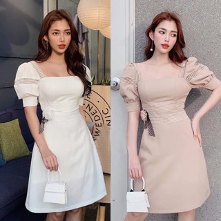 Đầm tay phồng đính hoa eo