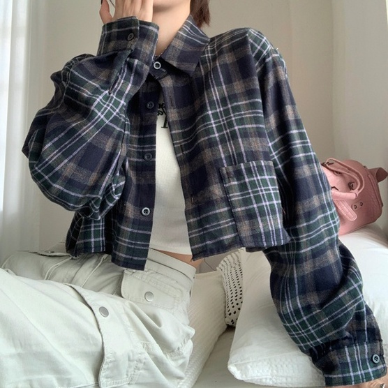 ZHELIHANGFEI Áo Sơ Mi Tay Dài Cổ Bẻ Họa Tiết Sọc Caro Phong Cách Retro