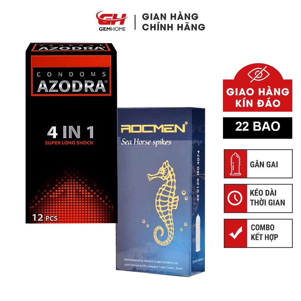 COMBO Bao cao su Azodra Gân Gai và BCS Rocmen kéo dài thời gian Cao Cấp -GEMHOME