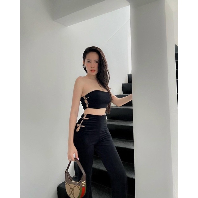 SÉT ÁO ĐEN VÀ QUẦN ỐNG LOE ĐEN ĐAN DÂY SANG CHẢNH