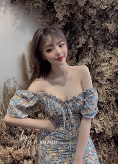 đầm hoa nhúng thun trễ vai (hàng ord chỉ 2 ngày)