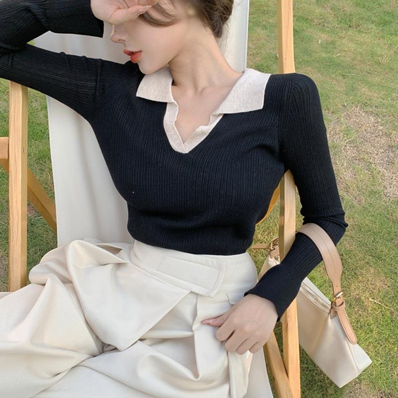 Áo dệt kim tay dài màu sắc đơn giản phong cách Hàn Quốc thời trang cho nữ