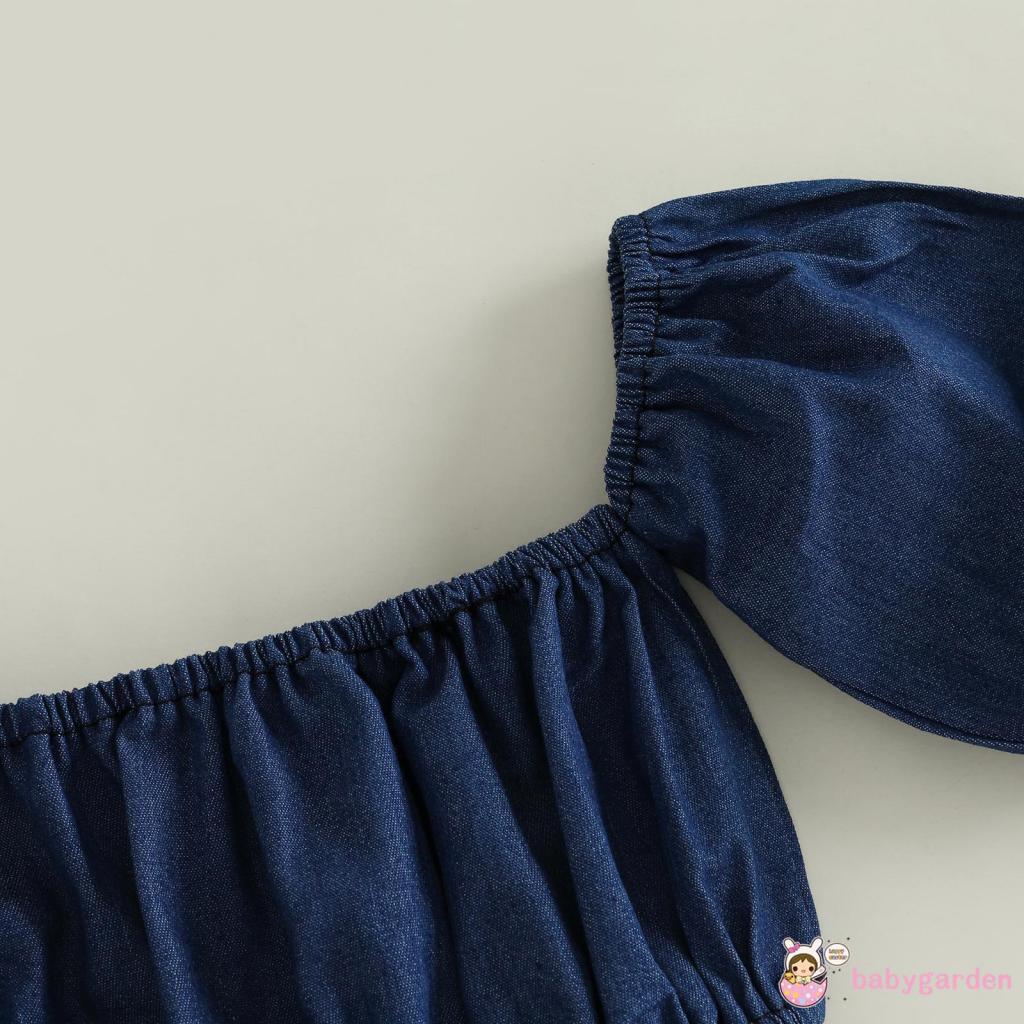 Bộ Áo Croptop Trễ Vai Tay Phồng Dài + Chân váy jean Ngắn Thời Trang Mùa Hè Cho Bé Gái 1-6 Tuổi