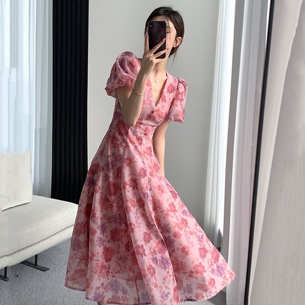Đầm Hoa Tay Phồng Cổ Chữ V Thiết Kế Mới Thời Trang Mùa Hè Theo Phong Cách Pháp Cho Nữ