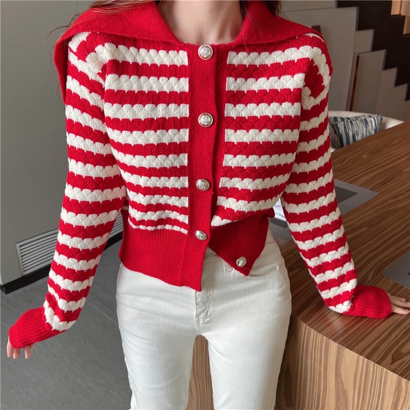 Áo Sweater Dệt Kim Cổ Bẻ Dáng Ngắn Họa Tiết Kẻ Sọc Phong Cách Retro Xinh Xắn