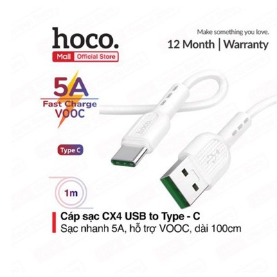 Cáp sạc nhanh Hoco CX4 USB to Type-C sạc nhanh 5A, có hỗ trợ sạc VOOC, chiều dài 100cm