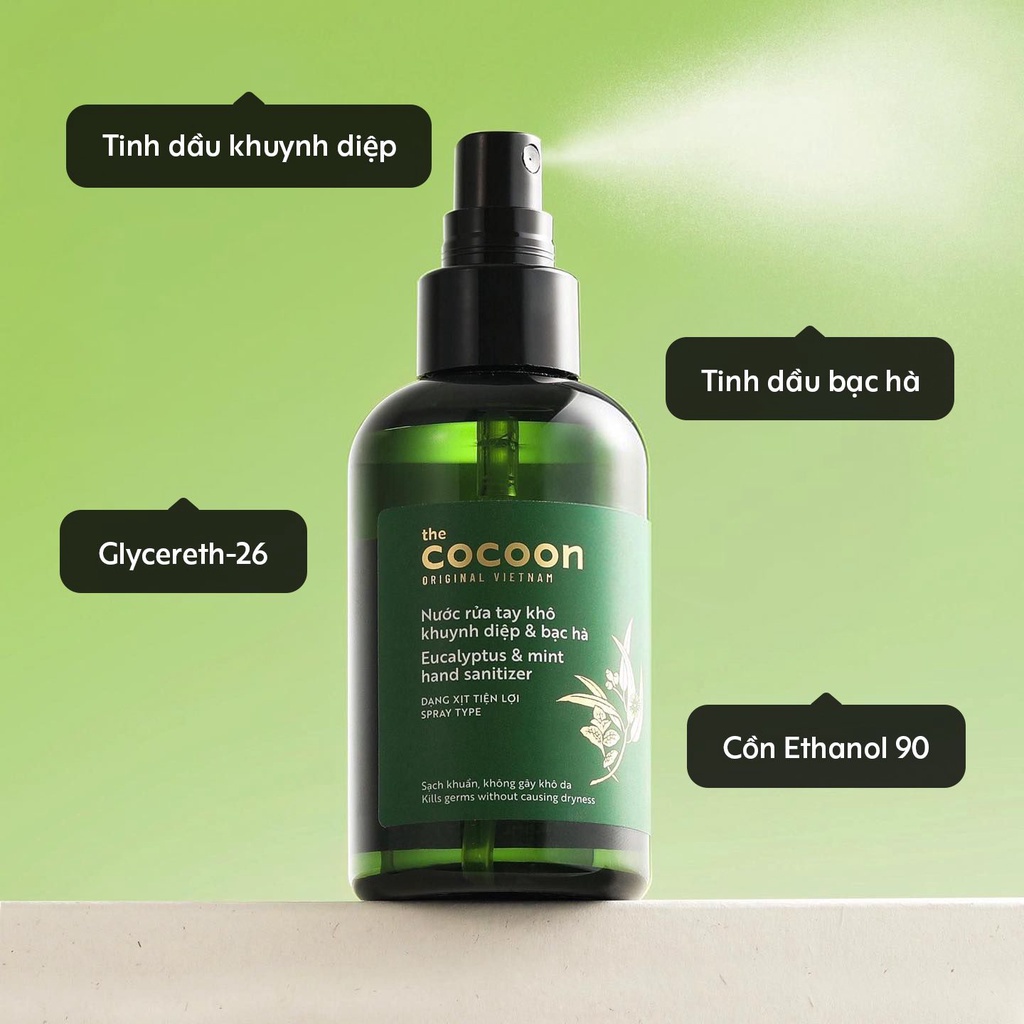Nước rửa tay khô khuynh diệp & bạc hà Cocoon sạch khuẩn, không gây khô da 140ml - HUNOXA