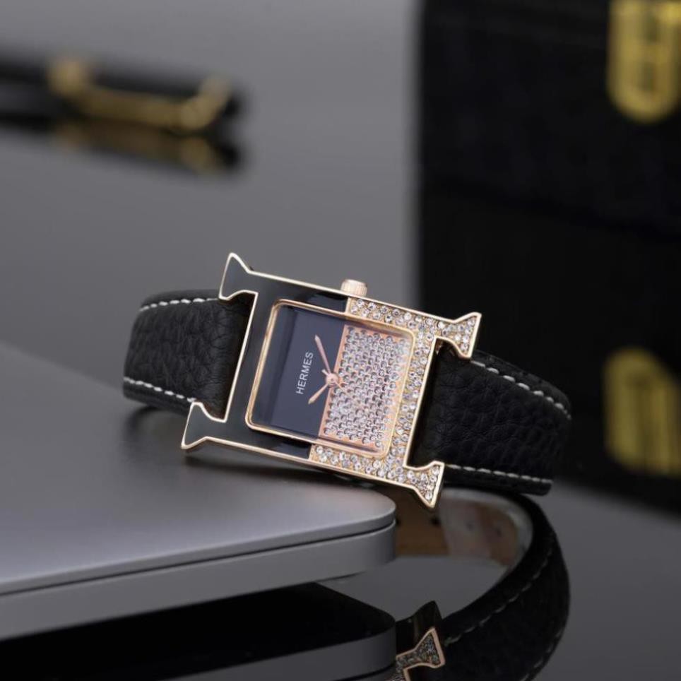 Đồng hồ nữ Hermes dây da mặt vuông đính đá cao cấp full box tặng hộp pishop - DHN02 Shop133 | BigBuy360 - bigbuy360.vn