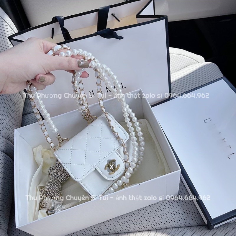 Túi mini đeo chéo CN logo x, hai dây xích và dây ngọc (hàng chuẩn ảnh)