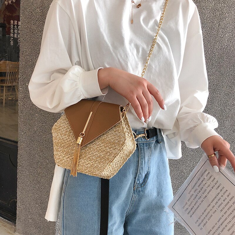 Túi Đeo Chéo JASMIN NOIR Nhỏ Bằng Da PU Và Rơm Hình Lục Giác Thời Trang Cho Nữ
