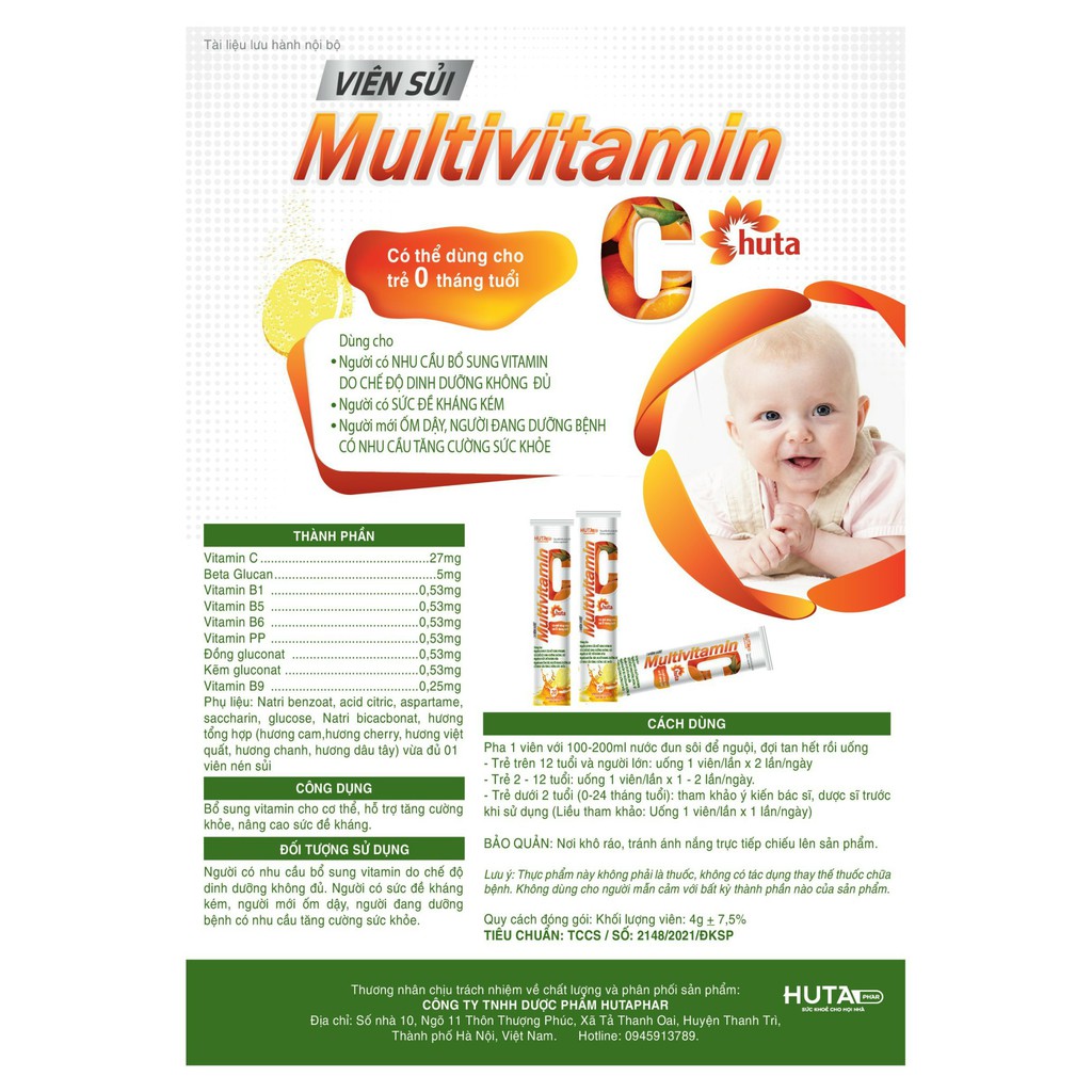Sủi bổ sung 9 loại vitamin & khoáng chất Multivitamin Huta tăng sức đề kháng tuýp 20 viên