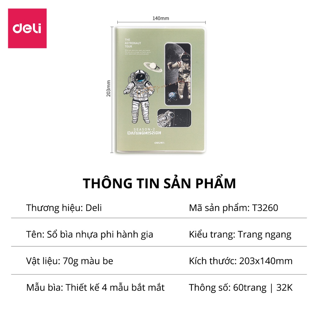 Sổ tay ghi chép kẻ ngang Deli bìa bọc chống nước 140x203mm hình ảnh phi hành gia 32K 120 trang Nhiều màu lựa chọn T3260