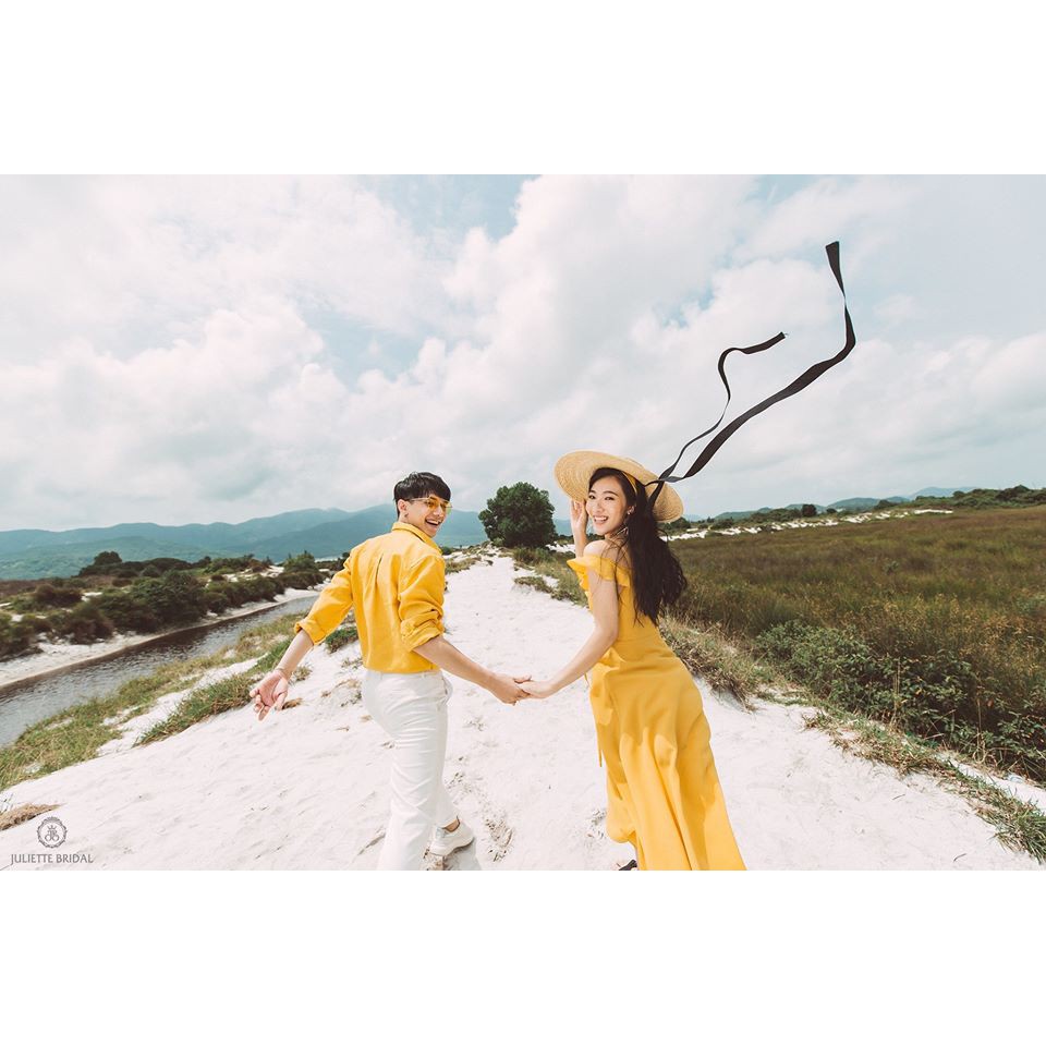 Áo cặp nam nữ ❤FREESHIP❤ Set đồ đôi chụp cưới váy và sơ mi màu vàng - ÁO ĐÔI SASIN - AV92 (có ảnh thật) .