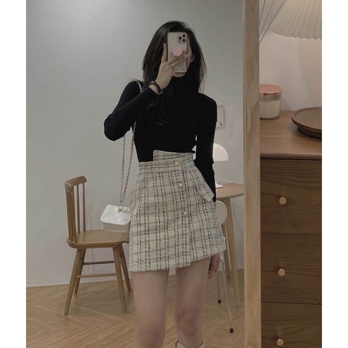 Chân váy chất dạ tweed hot đen trắng hàng Qc loại 1