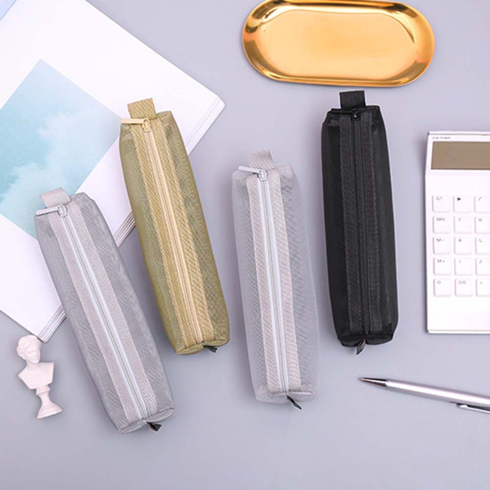 Túi Lưới Đựng Bút Chì Màu Trơn Trong Suốt Có Khóa Kéo Đơn Giản Unisex