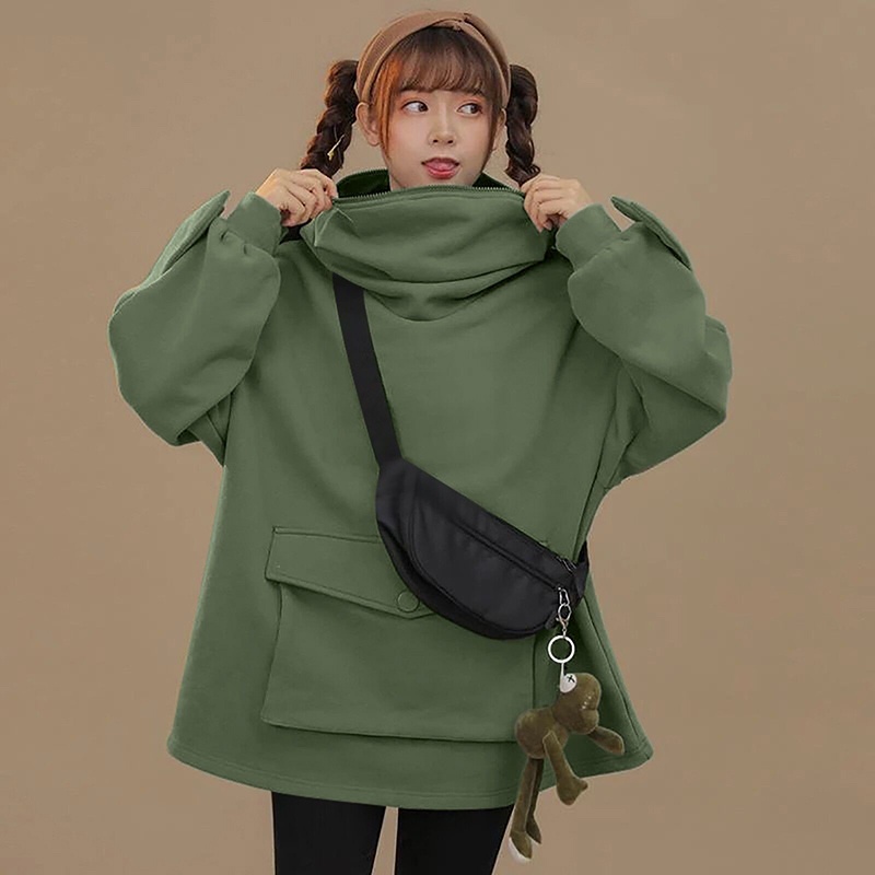 Áo hoodie nỉ chui đầu phối khóa kéo dáng rộng cỡ lớn hình ếch có túi to giữ ấm mùa đông cho tuổi teen