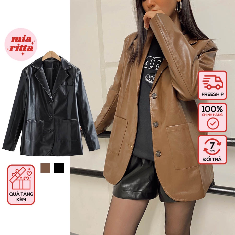 Áo blazer da nữ oversize dáng rộng dài tay Leather Blazer Mia Ritta A2110