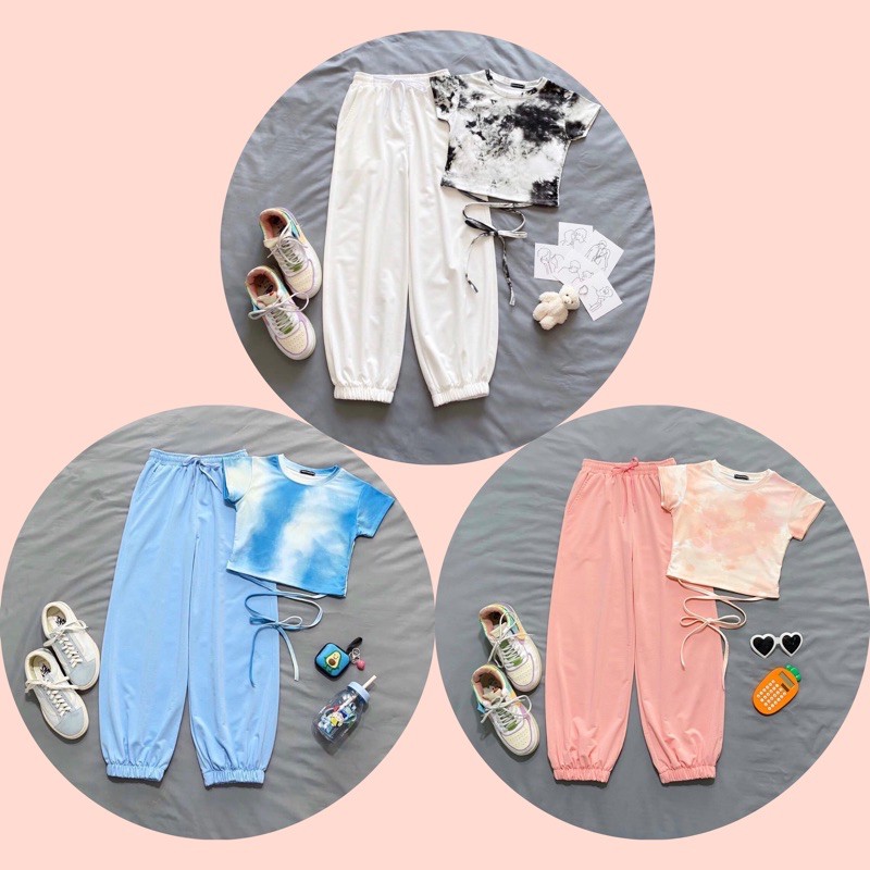 Bộ Loang Màu Quần Jogger Trơn Ảnh Thật