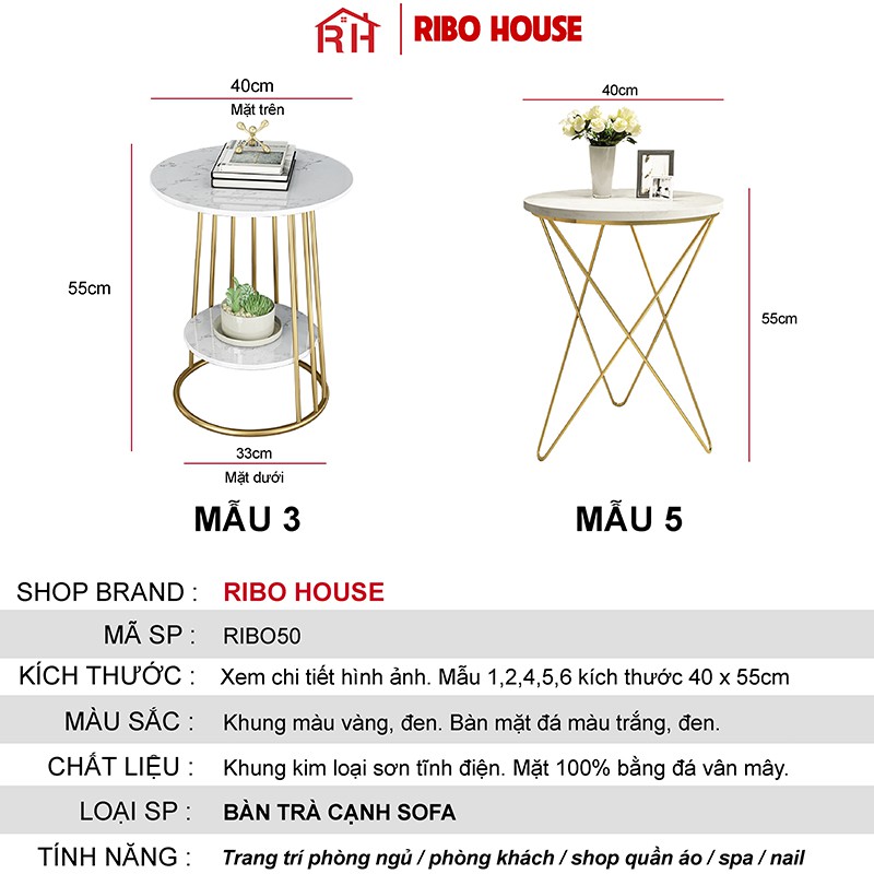 Bàn trà sofa RIBO HOUSE mặt đá tròn hình vân mây khung kim loại sơn tĩnh điện nội thất phòng khách cafe ban công RIBO50