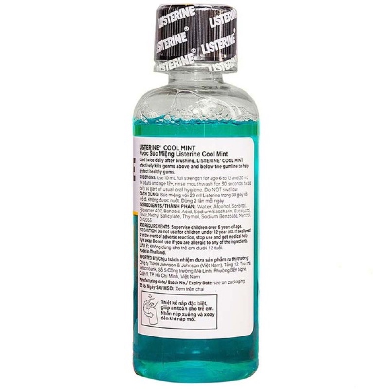 Nước Súc Miệng LISTERINE 100ML Cool Mint, Zero Alcohol, diệt khuẩn bảo vệ răng miệng, giữ hơi thở thơm mát