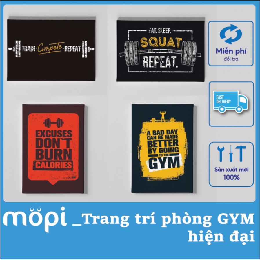 Tranh GYM ,decor trang trí phòng tập , trung tâm thể hình chât liệu canvas khung gỗ kèm đinh treo tiện lợi hiện đại mopi