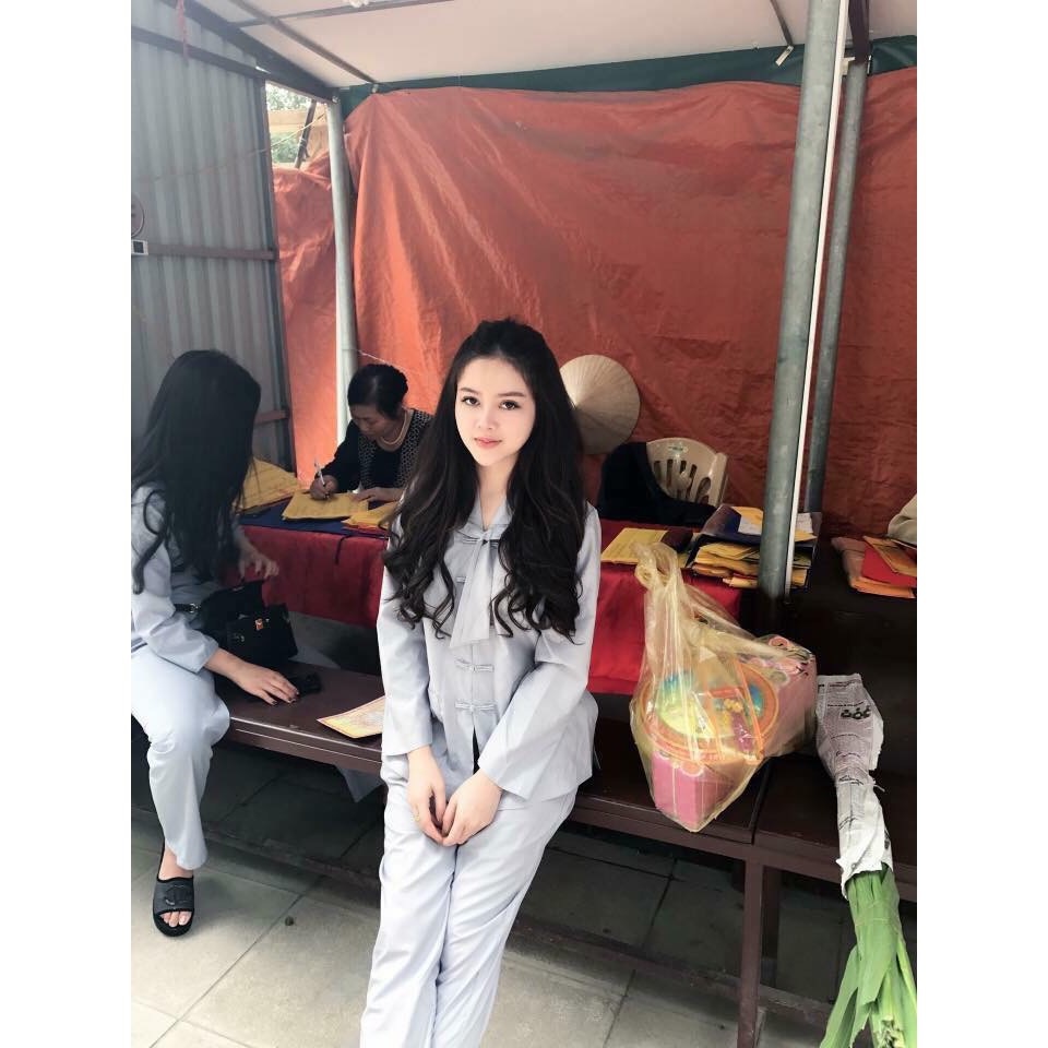 Bộ Đi Lễ Chùa - Bộ phật tử Mẫu La Hán Nơ dài tay vải Kate mịn không nhăn, Trang phục Đồ lam đi chùa giản dị kín đáo