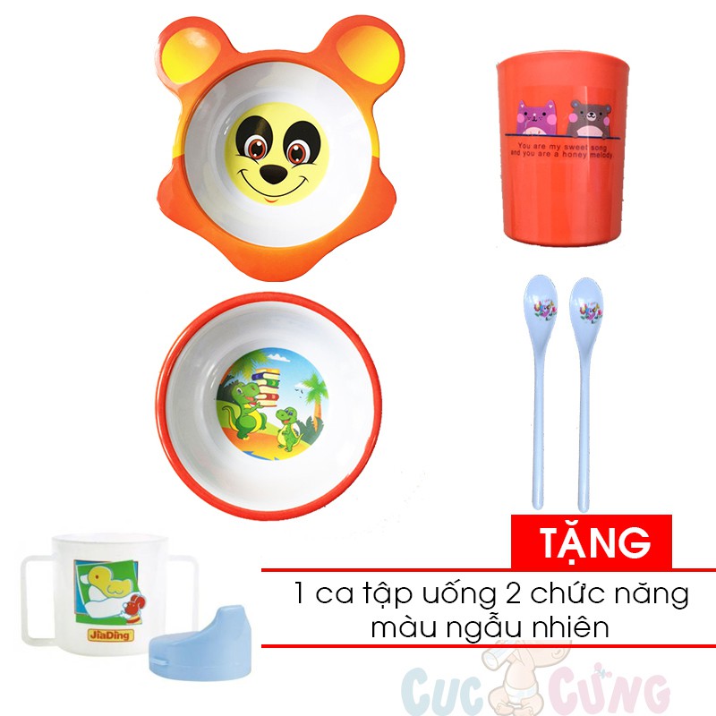 Bộ chén ăn hình gấu + tô trẻ em in hình nhựa + ly uống nước in hình + muỗng cán dài Tặng 1 ca tập uống 2 chức năng màu