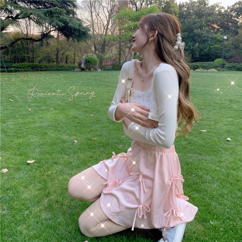 Set áo 2 dây croptop+áo cardigan tay dài + chân váy hồng đính nơ xinh xắn phong cách ulzzang Sam Sam Boutique