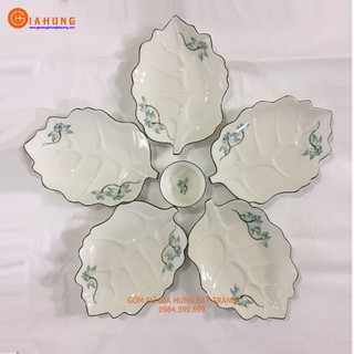 Bộ đĩa lá vẽ sen xanh gốm Gia Hưng Bát Tràng