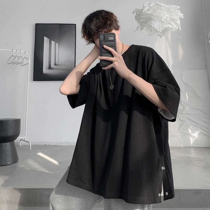 Áo Thun Tay Lỡ Unisex Xẻ Tà Cotton Thoáng Mát,Áo Phông Dáng Rộng Phối Cúc Nam Nữ Phong Cách Hàn Quốc