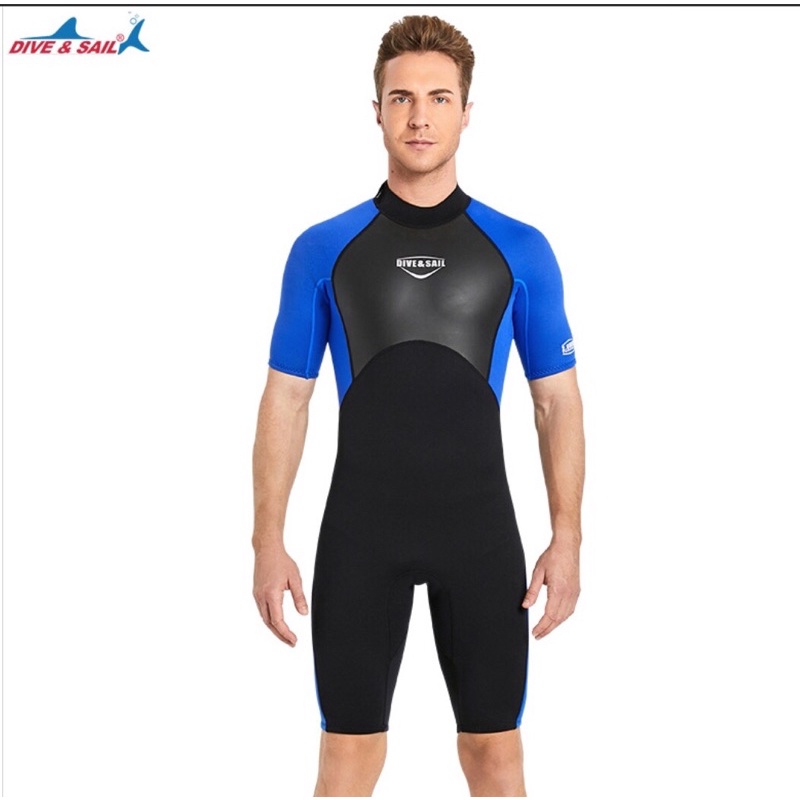 Đồ bơi giữ nhiệt dày 2mm cho nam hiệu Dive & Sail, D232075M màu đen phối xanh tay ngắn