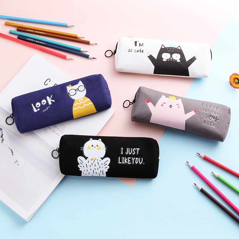 Dễ thương và đơn giản sáng tạo Cat Canvas Pencil Case Dung lượng lớn Dây kéo Hộp đựng Bút chì Hộp đựng bút chì