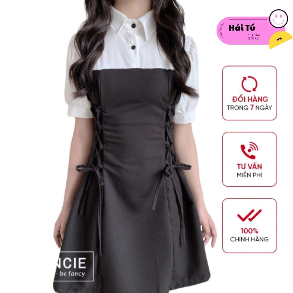 Váy Nữ Cổ Trắng Đan Eo, Váy Nữ Đẹp Chất Đũi Lụa, Phong Cách Hàn Quốc, Hàng Loại 1, Ảnh Thật