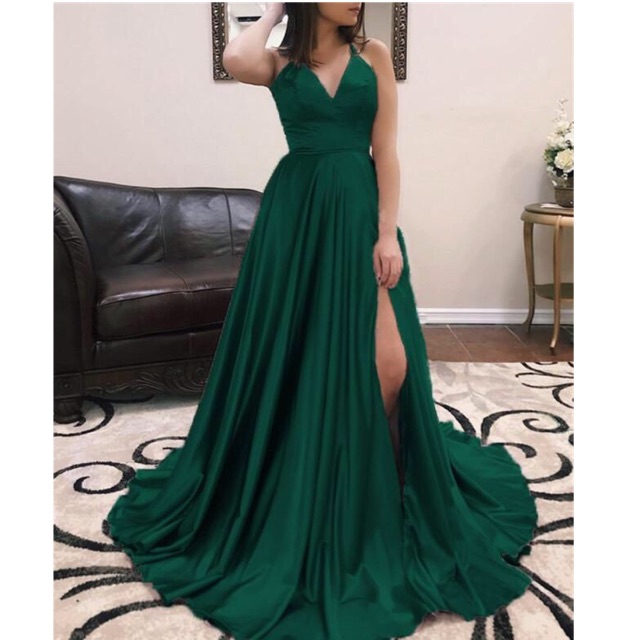 Đầm dạ hội phi lụa xẻ đùi cao cấp