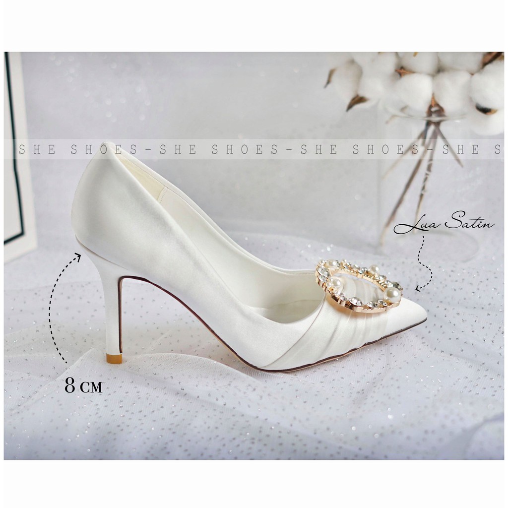 Giày cưới gót nhọn ♥️Freeship♥️ Giày màu trắng cô dâu cao cấp (TẶNG KÈM 2 CẶP LÓT GIÀY)