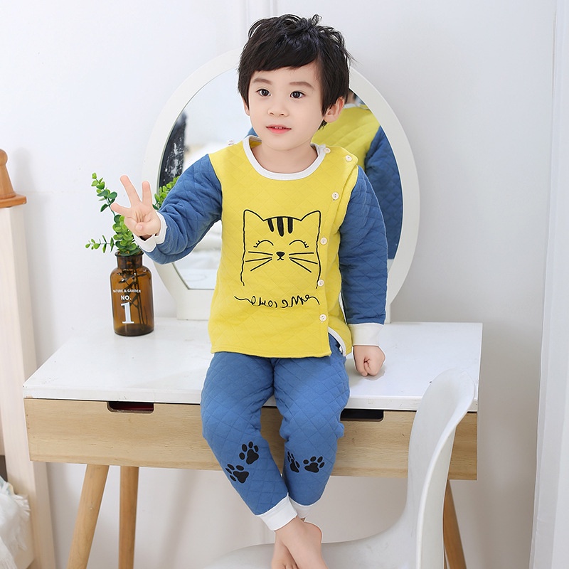 Bộ đồ ngủ tay dài cotton giữ ấm phong cách Hàn Quốc thời trang thu đông dành cho bé 70-110cm