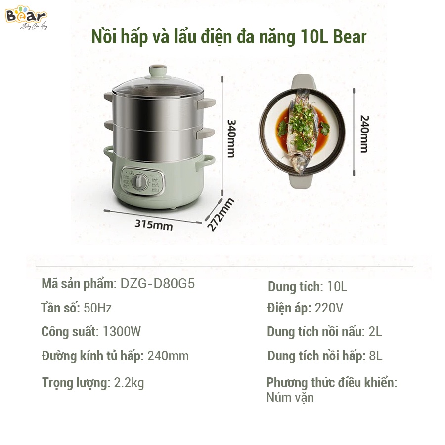 Nồi Hấp Điện 3 Tầng Bear 10L Hấp Đa Năng, Hấp Bánh Bao, Hấp Xôi, Hấp Đồ Ăn Dặm Cho Bé DZG-D80G5