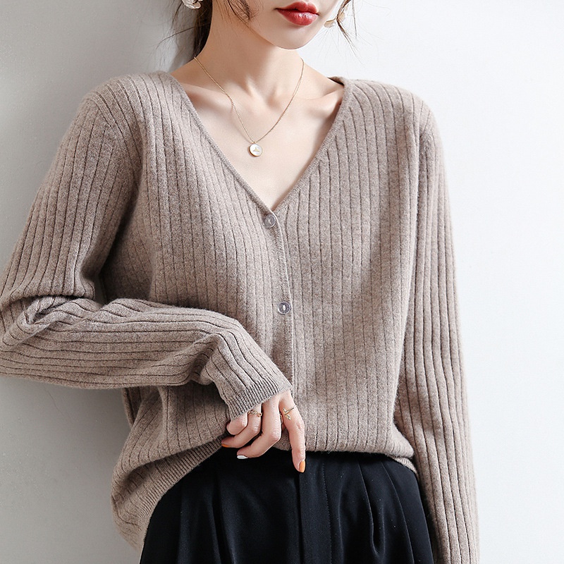 Áo Khoác Cardigan Dệt Kim Tay Dài Dáng Rộng Cổ Chữ V Phối Nút Phía Trước