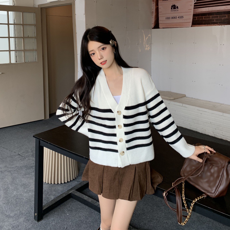 Áo khoác cardigan dệt kim cổ V tay dài dáng rộng kẻ sọc kiểu retro thời trang mùa thu cho nữ