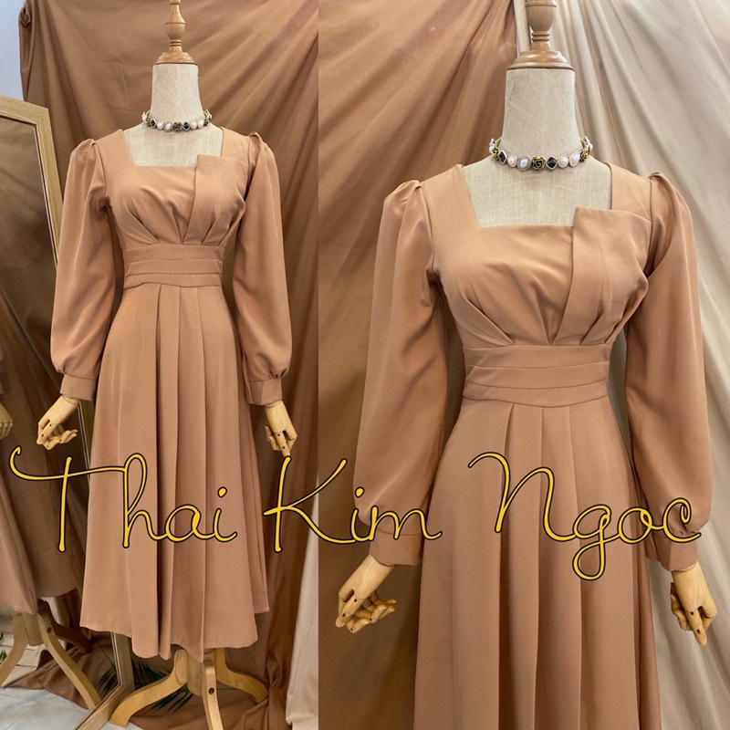 Đầm dự tiệc maxi cổ xếp li dài tay | BigBuy360 - bigbuy360.vn