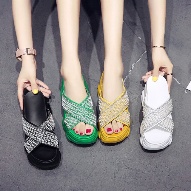 (HÀNG K CÓ SẴN) dép bánh mì quai chéo đính hạt thời trang 8,5cm 070307