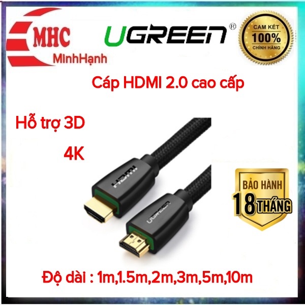 Dây cáp HDMI mạ vàng Ugreen 40408 hỗ trợ Full HD 4Kx2K 2 đầu đực, bọc dù chống đứt