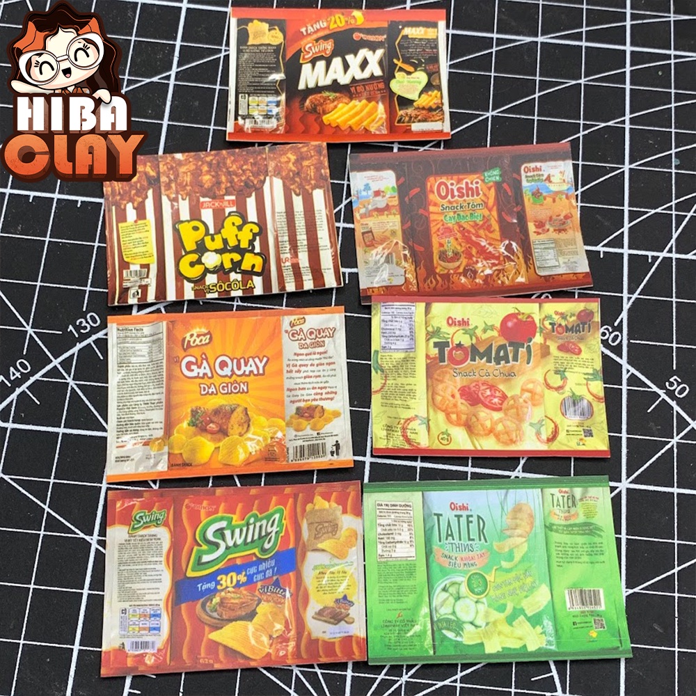 Sét 7 Bao bì snack tự gấp mini Minifood 001 trang trí mô hình, đồ ăn mini mô hình cho búp bê DIY